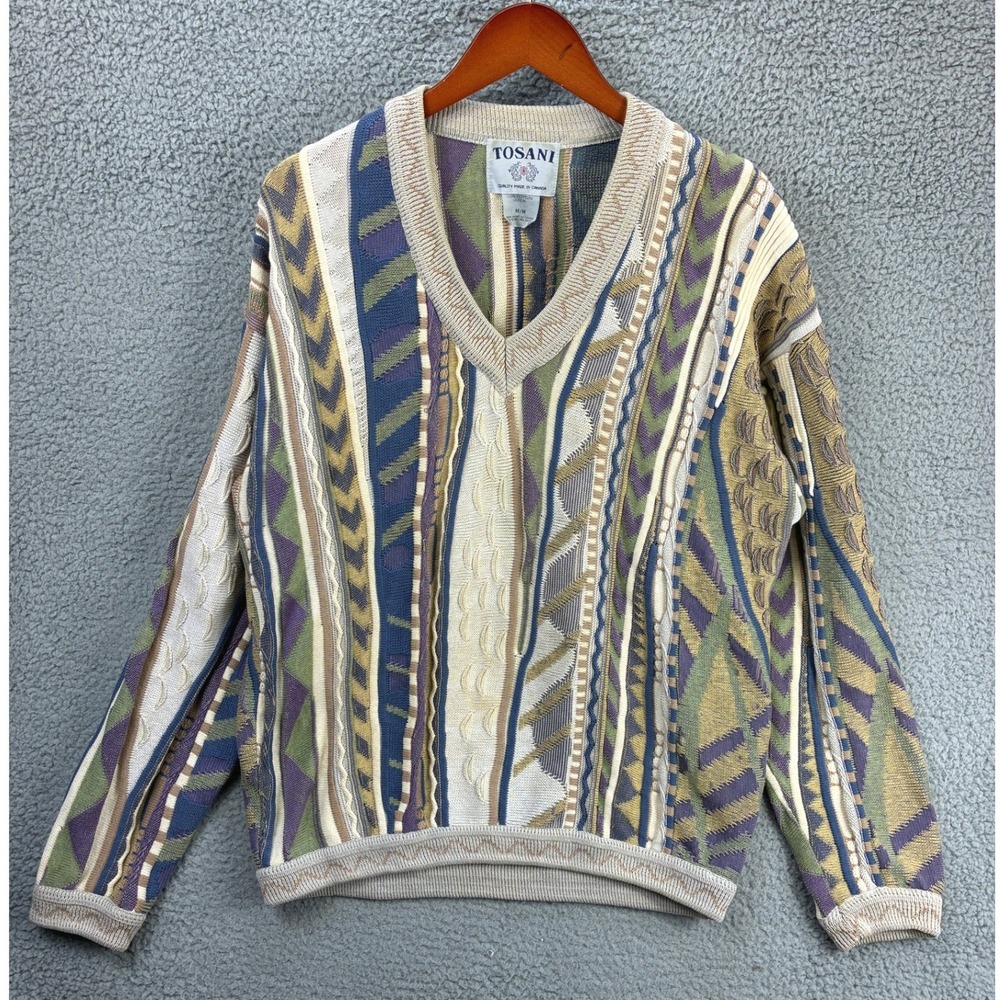 Tosani 3D Textured V-Neck Sweater Pullover Mens M Multicolor Coogi Style Vintage